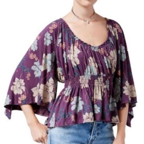 Free People T-Strap Purple Floral Boho Blouse size M - Picture 1 of 8